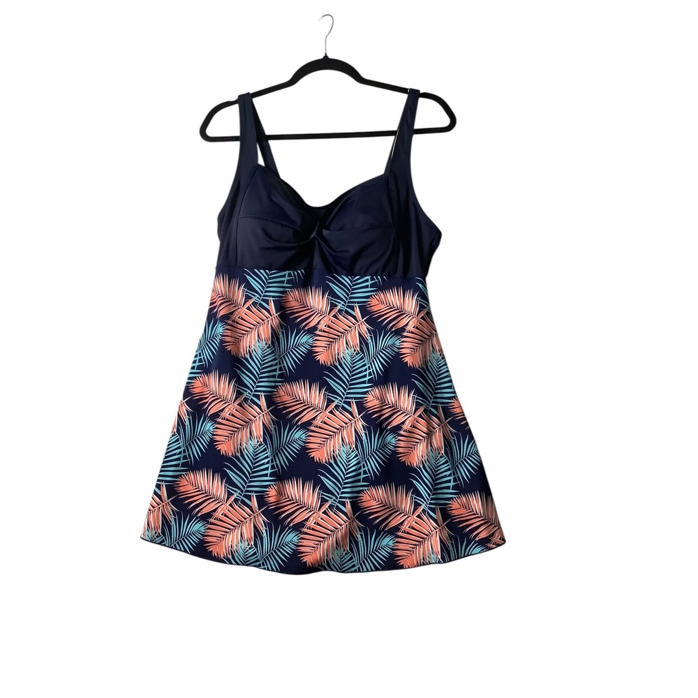 Perona Women Navy Tropical Palm Leaf‎ Print Swim Dress One Piece Swimsuit Sz 16